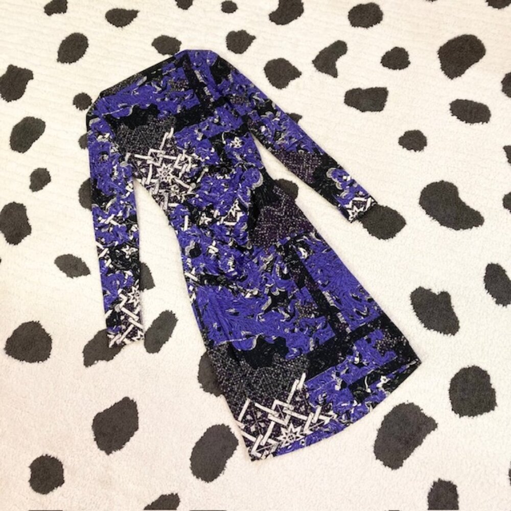 Nicole Miller Artelier Womens Small Purple Black Ruched Long Sleeve Print Dress